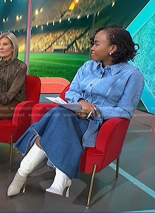 Zinhle’s tie waist denim jacket and asymmetric skirt on NBC News Daily