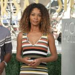Zuri’s striped v-neck dress on Access Hollywood