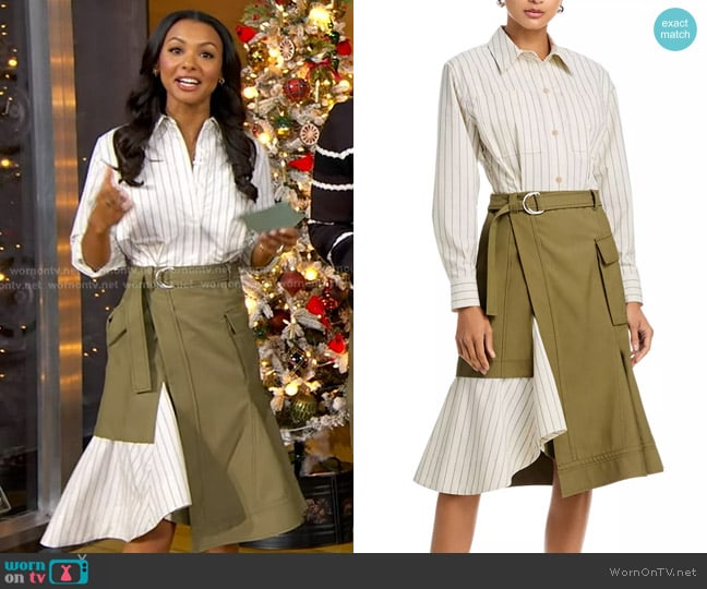 3.1 Phillip Lim Long Sleeve Combo Shirt Dress with Flounce worn by Malika Andrews on Good Morning America