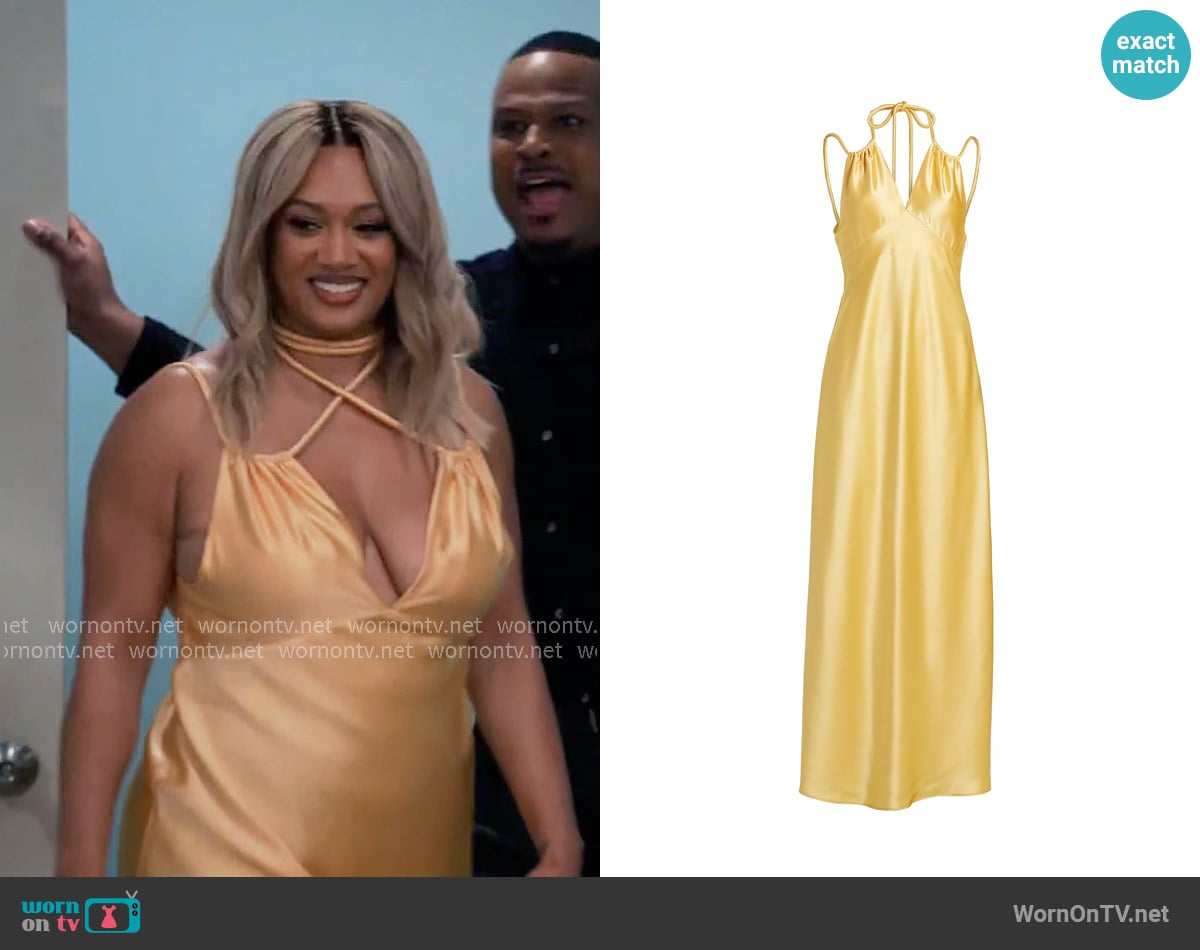 Acler Woodlake Satin Maxi Dress in Sun Yellow worn by Fatima (Crystal Hayslett) on Tyler Perrys Sistas