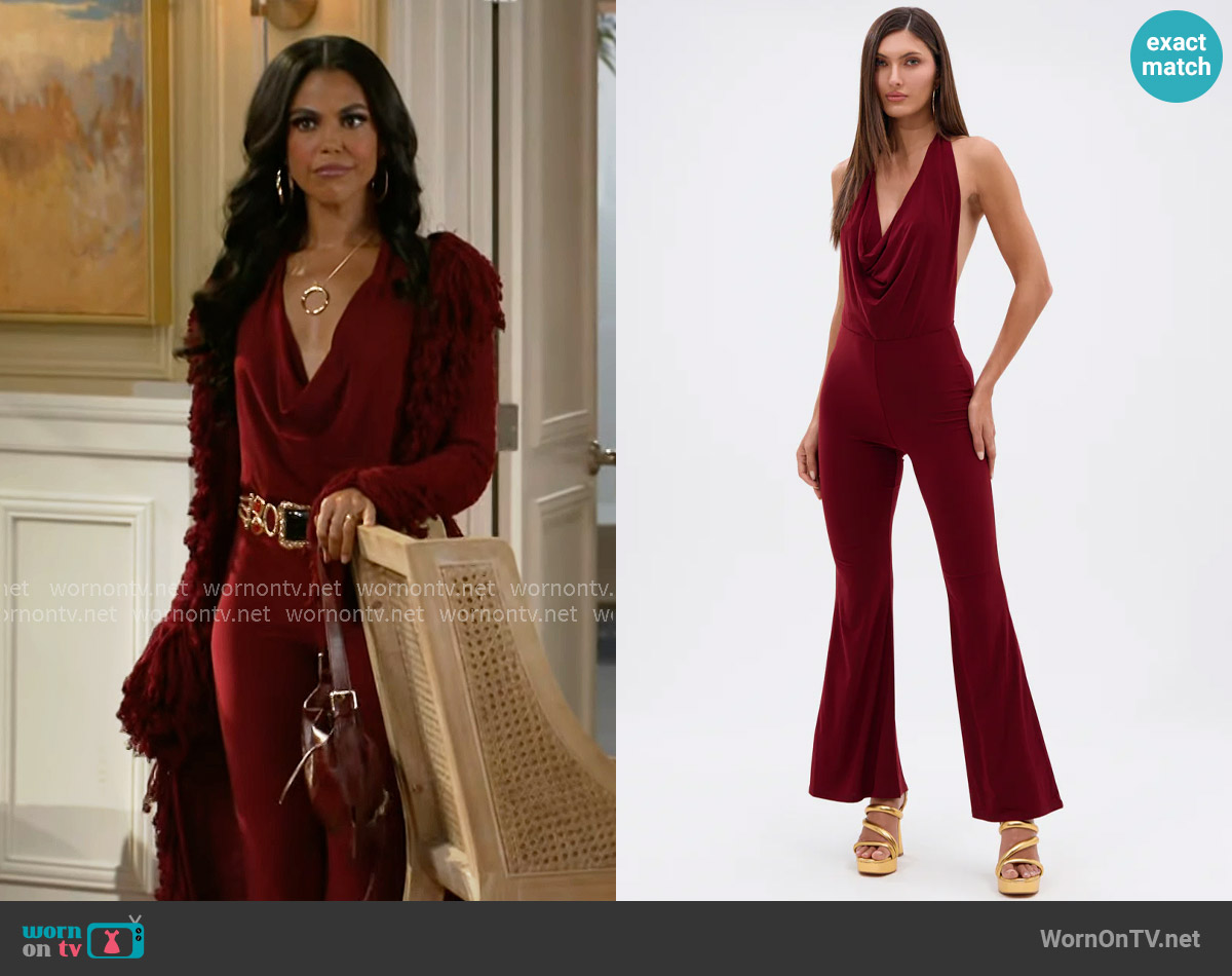 Akira Like Magic Jumpsuit in Burgundy worn by Dani Dupree (Karla Mosley) on Beyond the Gates