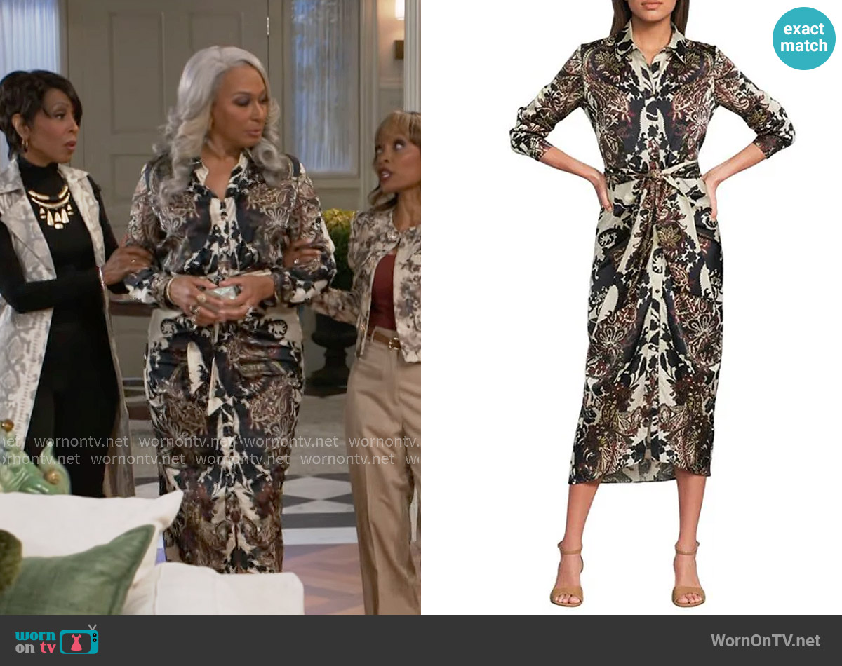 Alex Marie Adriana Collared Tie Waist Midi Dress worn by Anita Dupree (Tamara Tunie) on Beyond the Gates