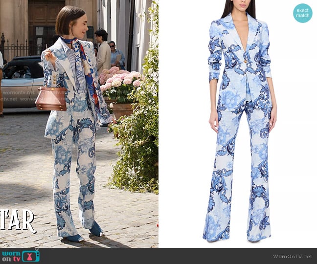 Alice + Olivia Breann Floral Peak Lapel Blazer worn by Emily Cooper (Lily Collins) on Emily in Paris