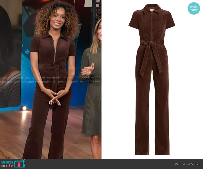 Alice + Olivia Gorgeous Corduroy Wide-Leg Jumpsuit in Dark Chocolate worn by Zuri Hall on Access Hollywood