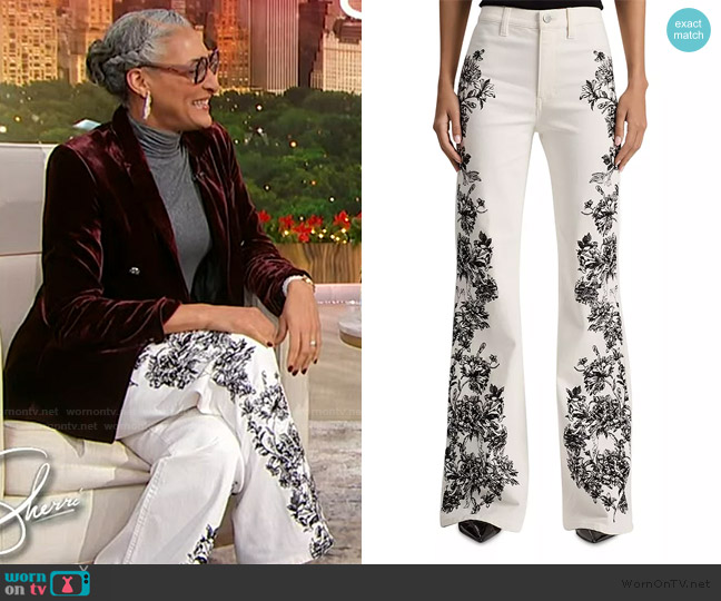 Alice + Olivia High Rise Embroidered Wide Leg Jeans in Off White Black worn by Carla Hall on Sherri