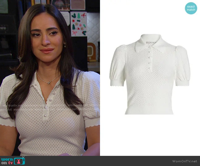 Alice + Olivia Ramona Pointelle Polo Top worn by Gabi Hernandez (Cherie Jimenez) on Days of our Lives