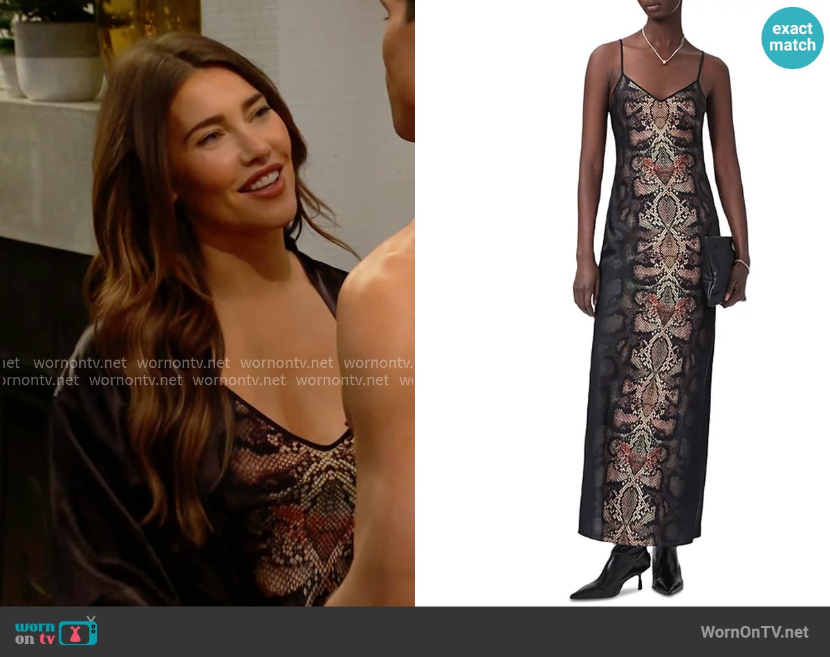 All Saints Bryony Maxi Slip Dress in Ophis Black worn by Steffy Forrester (Jacqueline MacInnes Wood) on The Bold and the Beautiful