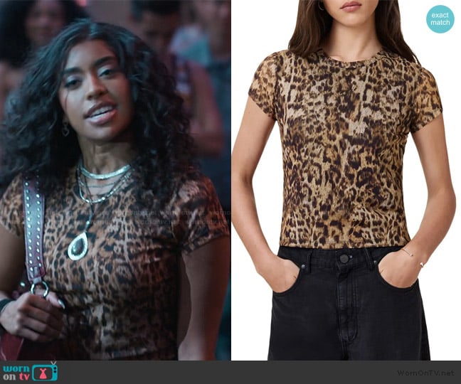 All Saints Ellie Leopard Print Mesh T-Shirt worn by Amira (Pascual-Peña) on Bel-Air