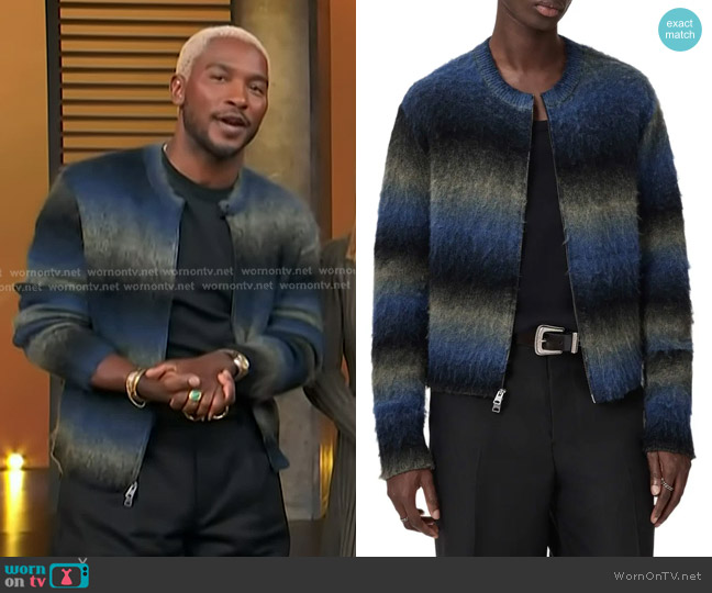 All Saints Halley Ombré Stripe Crewneck Wool Blend Zip Cardigan worn by Scott Evans on Access Hollywood