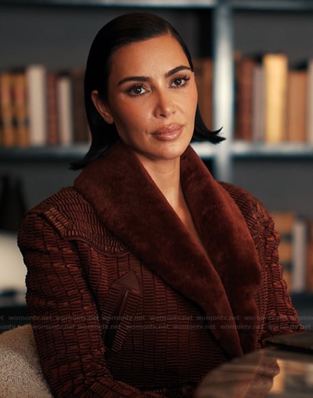 Allura’s red textured blazer with fur collar on Alls Fair