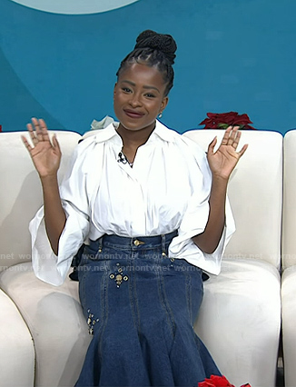 Amanda Gorman’s white balloon sleeve blouse and denim skirt on Today
