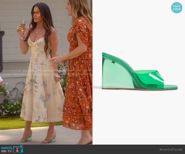 Amina Muaddi Lupita PVC Wedge Mules in Green worn by Kyle Richards on The Real Housewives of Beverly Hills