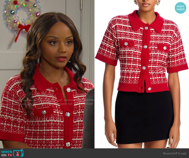 Aqua Tweed Cardigan in Red worn by Chanel Dupree (Raven Bowens) on Days of our Lives
