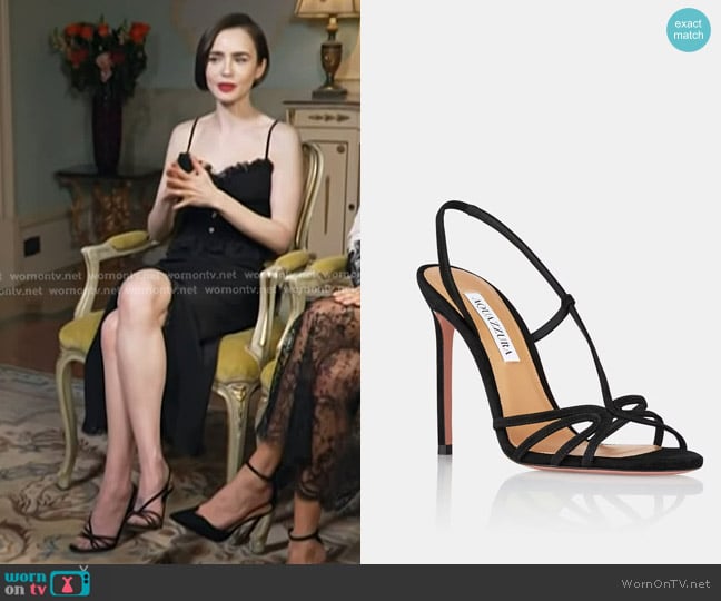 Aquazzura Talk To Me 105 Suede Sandals worn by Lily Collins on Today