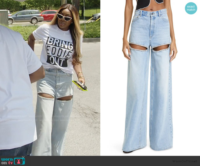 Area Crystal Slit Cotton Denim Wide Legs Jeans worn by Wendy Osefo on The Real Housewives of Potomac