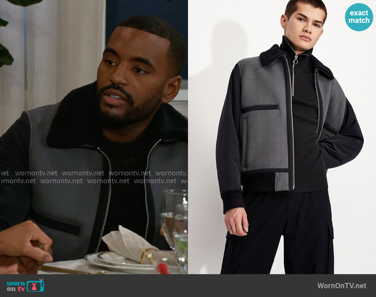 Armani Exchange Sherpa Collar Bomber Jacket worn by Andre Richardson (Sean Freeman) on Beyond the Gates