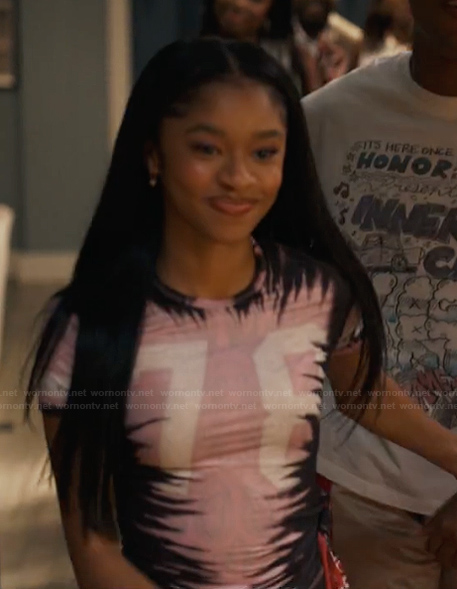 Ashley’s pink side stripe pants and graphic tee on Bel-Air