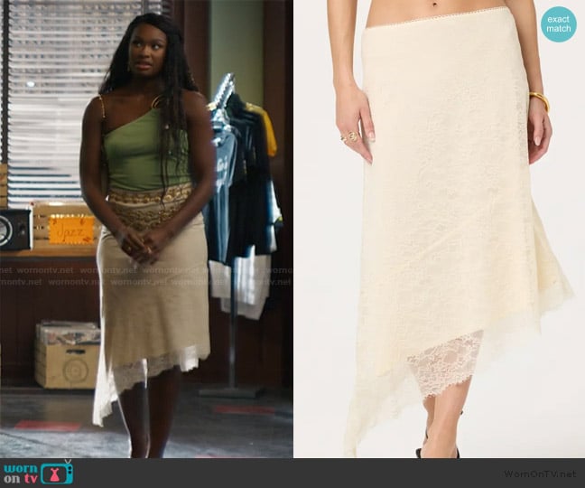 ASTR the Label Asymmetric Lace Midi Skirt worn by Hilary Banks (Coco Jones) on Bel-Air
