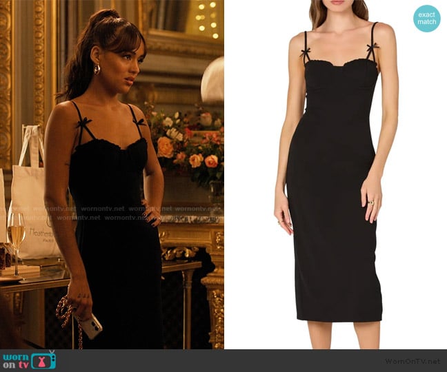 ASTR the Label Bow Strap Bustier Midi Dress worn by Genevieve (Thalia Besson) on Emily in Paris