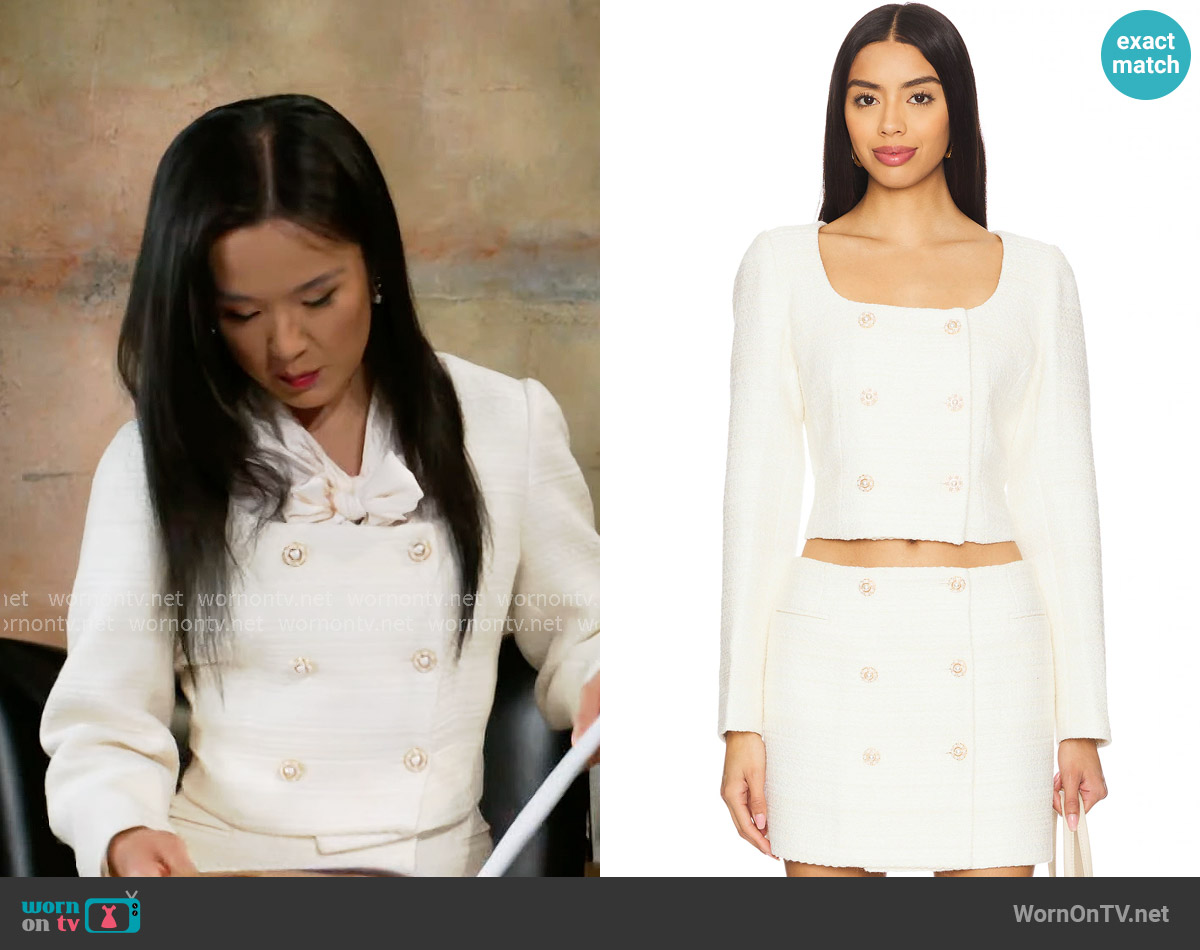ASTR The Label Rosario Jacket in Cream worn by Caroline Lee (Ellie Wang) on Beyond the Gates