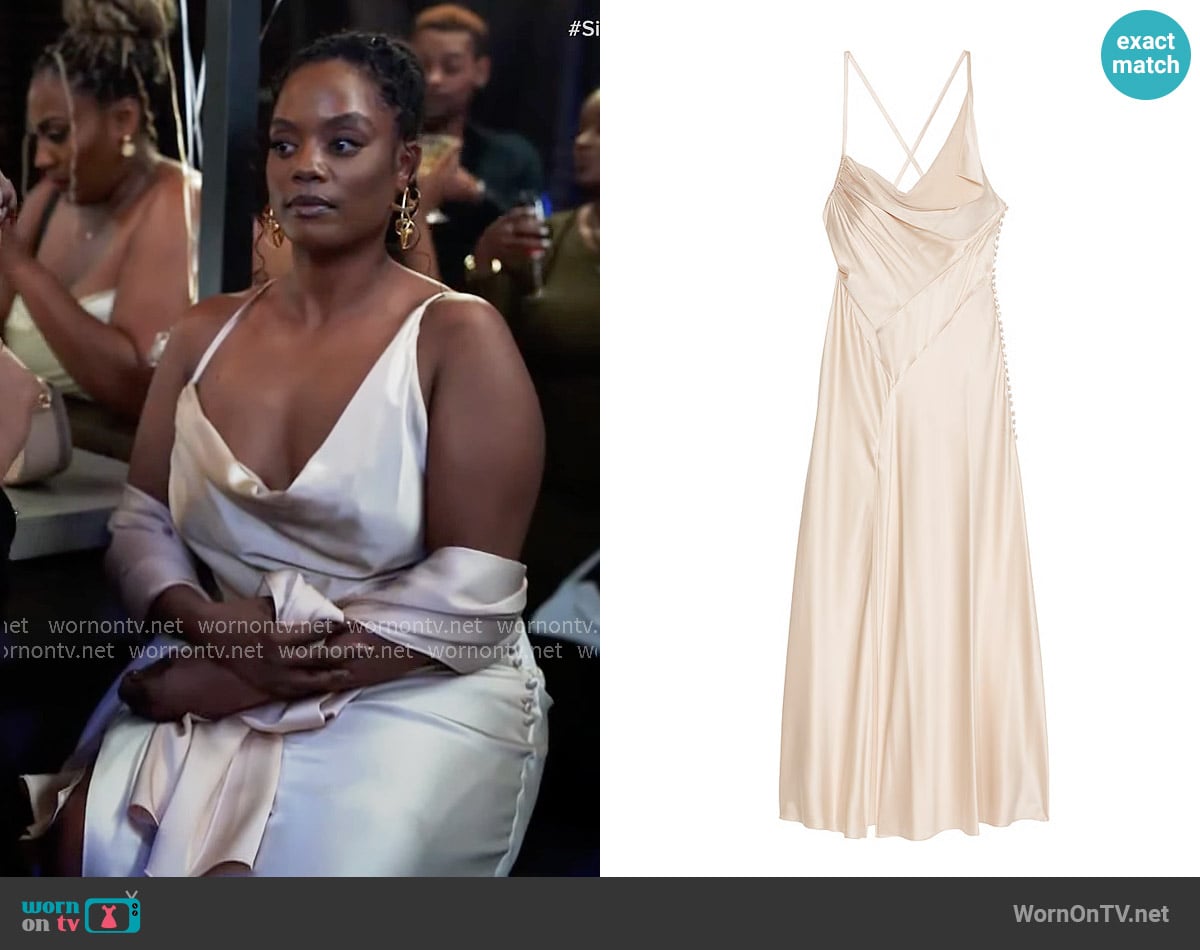 Atelier Victoria's Secret x Altuzarra Satin Bias-Cut Dress in Marzipan worn by Sabrina Hollins (Novi Brown) on Tyler Perrys Sistas