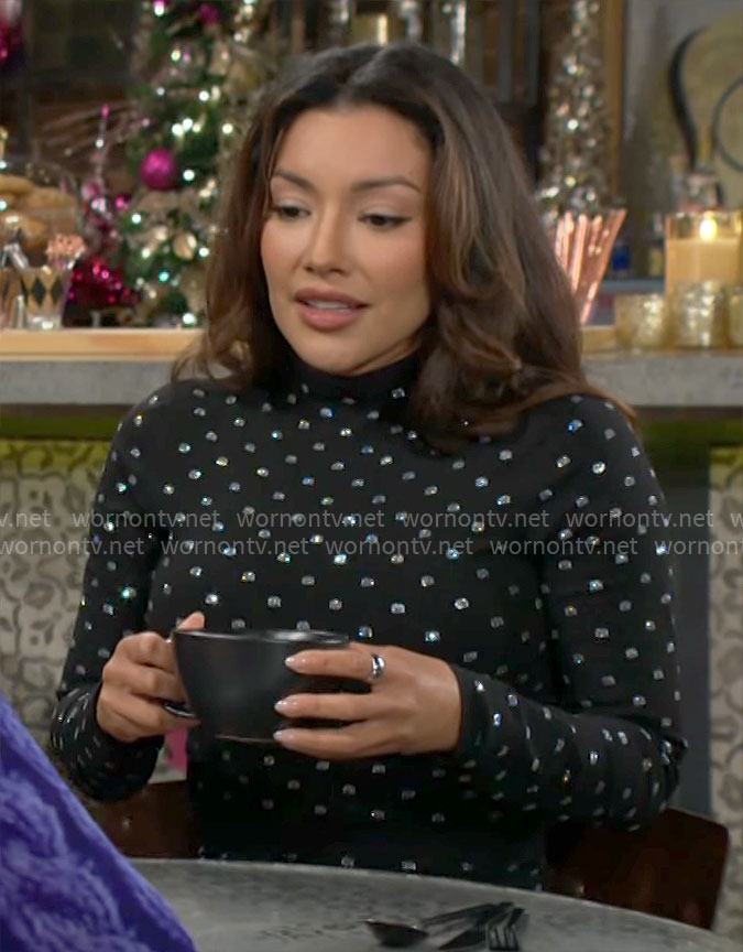 Audra’s black crystal embellished top and skirt set on The Young and the Restless