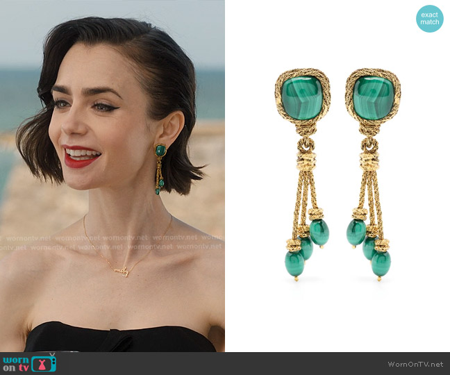 Aurelie Bidermann Miki malachite earrings worn by Emily Cooper (Lily Collins) on Emily in Paris