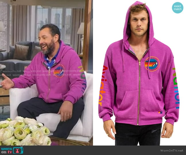 Aviator Nation Hamptons Relaxed Zip Hoodie in Magenta worn by Adam Sandler on Good Morning America