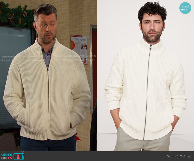 Banana Republic Cotton-Blend Sweater Bomber in Transition Cream White worn by EJ DiMera (Dan Feuerriegel) on Days of our Lives