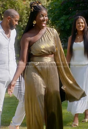 Bozoma’s metallic one-shoulder top and pants on The Real Housewives of Beverly Hills