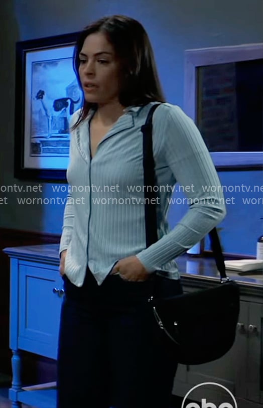Britt’s sky blue ribbed button down top on General Hospital