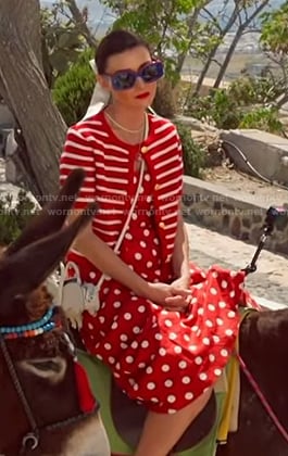 Bronwyn’s red striped cardigan and polka dot dress on The Real Housewives of Salt Lake City
