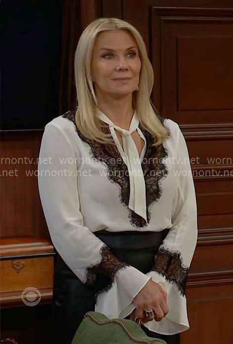 Brooke’s white blouse with black lace details on The Bold and the Beautiful