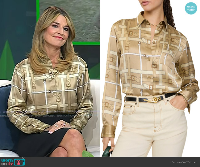 Burberry Regular Fit Belt Check Viscose Shirt in Sand Beige worn by Savannah Guthrie on Today
