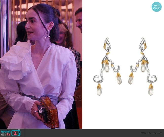 by Jude Benhalim Gemino Earrings worn by Emily Cooper (Lily Collins) on Emily in Paris