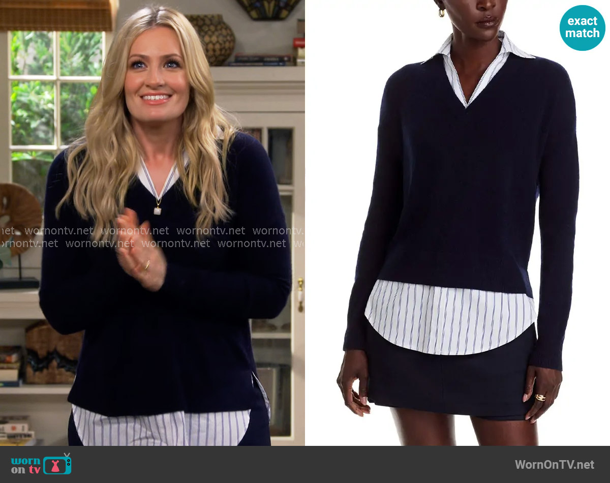 C by Bloomingdales 100% Cashmere Layered Look Sweater in Navy / New Stripe worn by Gemma (Beth Behrs) on The Neighborhood