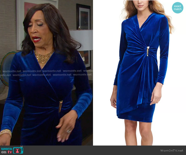 Calvin Klein Faux-Wrap Long-Sleeve Velvet Sheath Dress worn by Paulina Price (Jackée Harry) on Days of our Lives