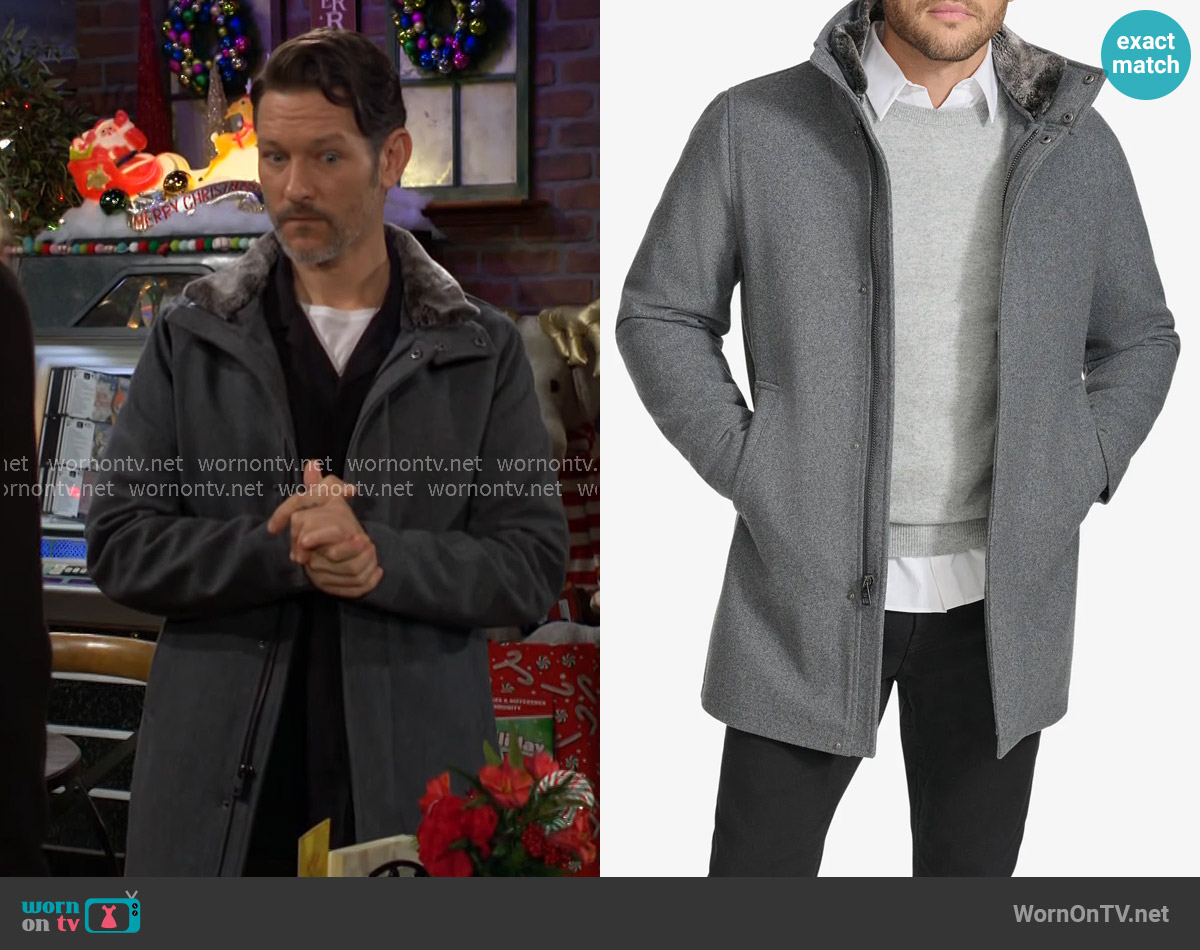 Calvin Klein Walking Wool Blend Coat with Faux Fur Trim worn by Daniel Romalotti (Michael Graziadei) on The Young and the Restless