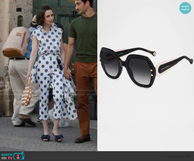 Carolina Herrera Logo-Print Round Acetate Sunglasses worn by Emily Cooper (Lily Collins) on Emily in Paris