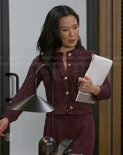 Caroline’s burgundy cardigan on Beyond the Gates
