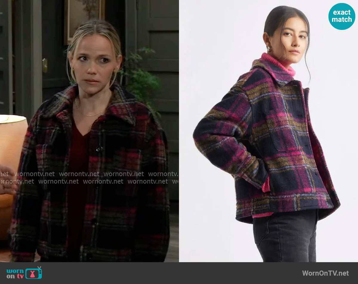 Caslon Plaid Crop Shacket in Navy Pink Plaid worn by Lulu Spencer (Alexa Havins Bruening) on General Hospital