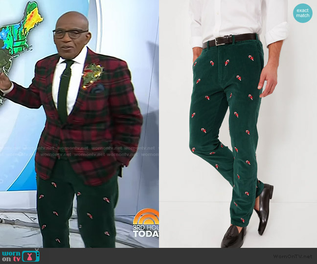 Castaway Clothing Hunter Green Candy Cane Embroidered Corduroy Pants worn by Al Roker on Today
