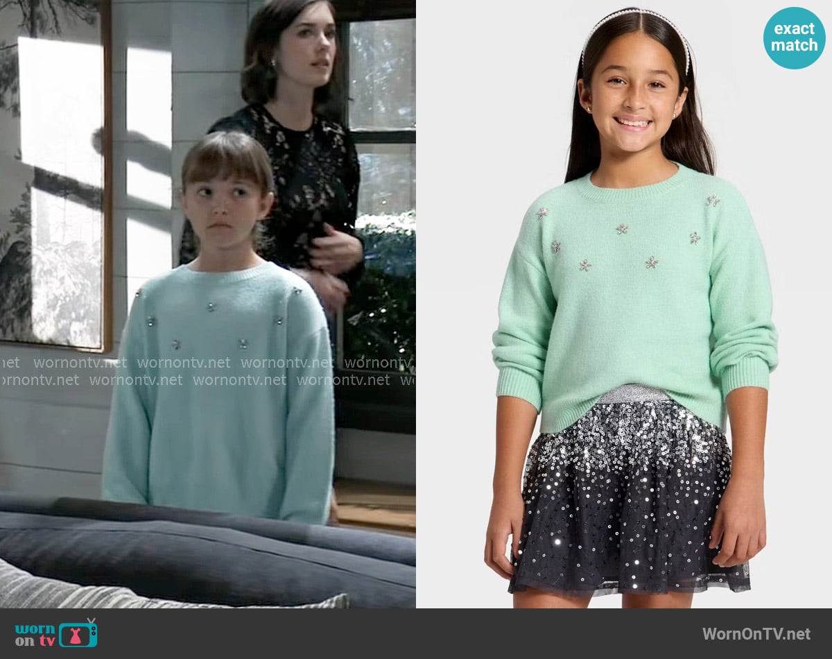Cat & Jack Embellished Pullover Sweater in Mint Green worn by Scout Quartermaine (Cosette Abinante) on General Hospital