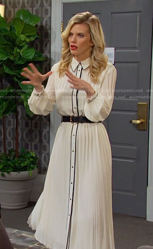 Cat’s white pleated shirtdress on Days of our Lives