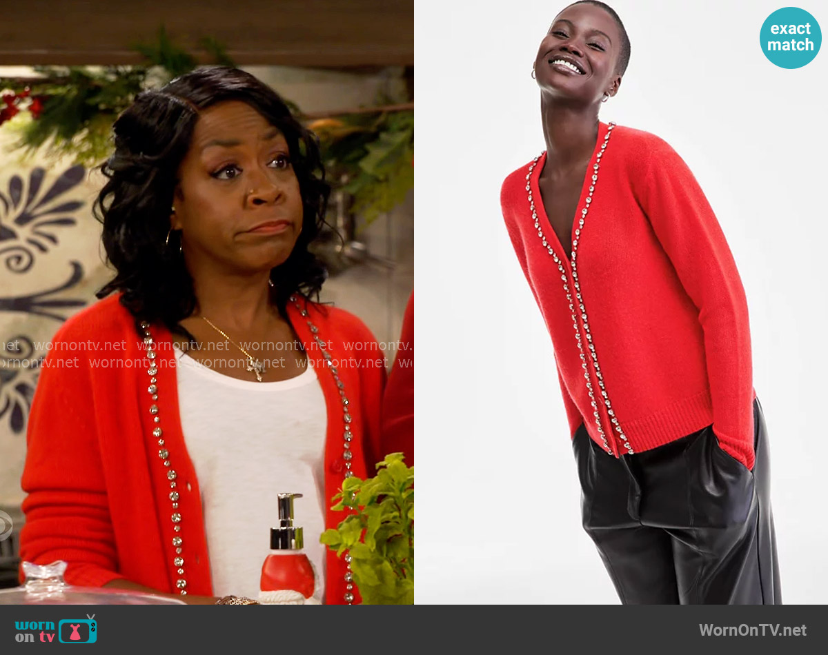 Charter Club 100% Cashmere V-Neck Rhinestone Cardigan worn by Tina Butler (Tichina Arnold) on The Neighborhood