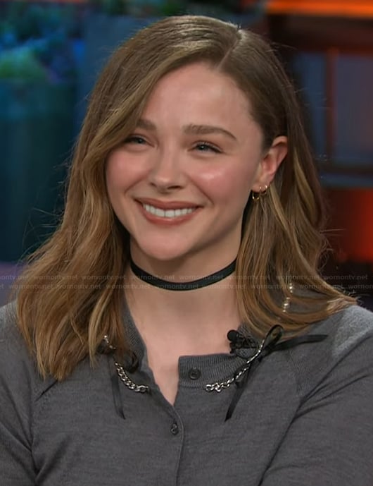 Chloe Grace Moretz’s gray pearl trim cardigan on The Kelly Clarkson Show