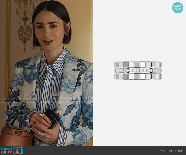 Chopard 18K Ethical White Gold ring - Ice Cube Collection worn by Emily Cooper (Lily Collins) on Emily in Paris