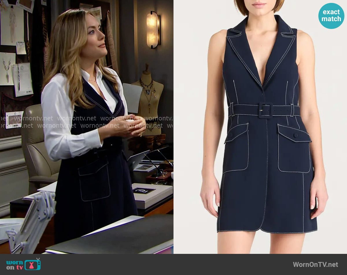 Cinq a Sept Belize Topstitch Belted Minidress worn by Hope Logan (Annika Noelle) on The Bold and the Beautiful