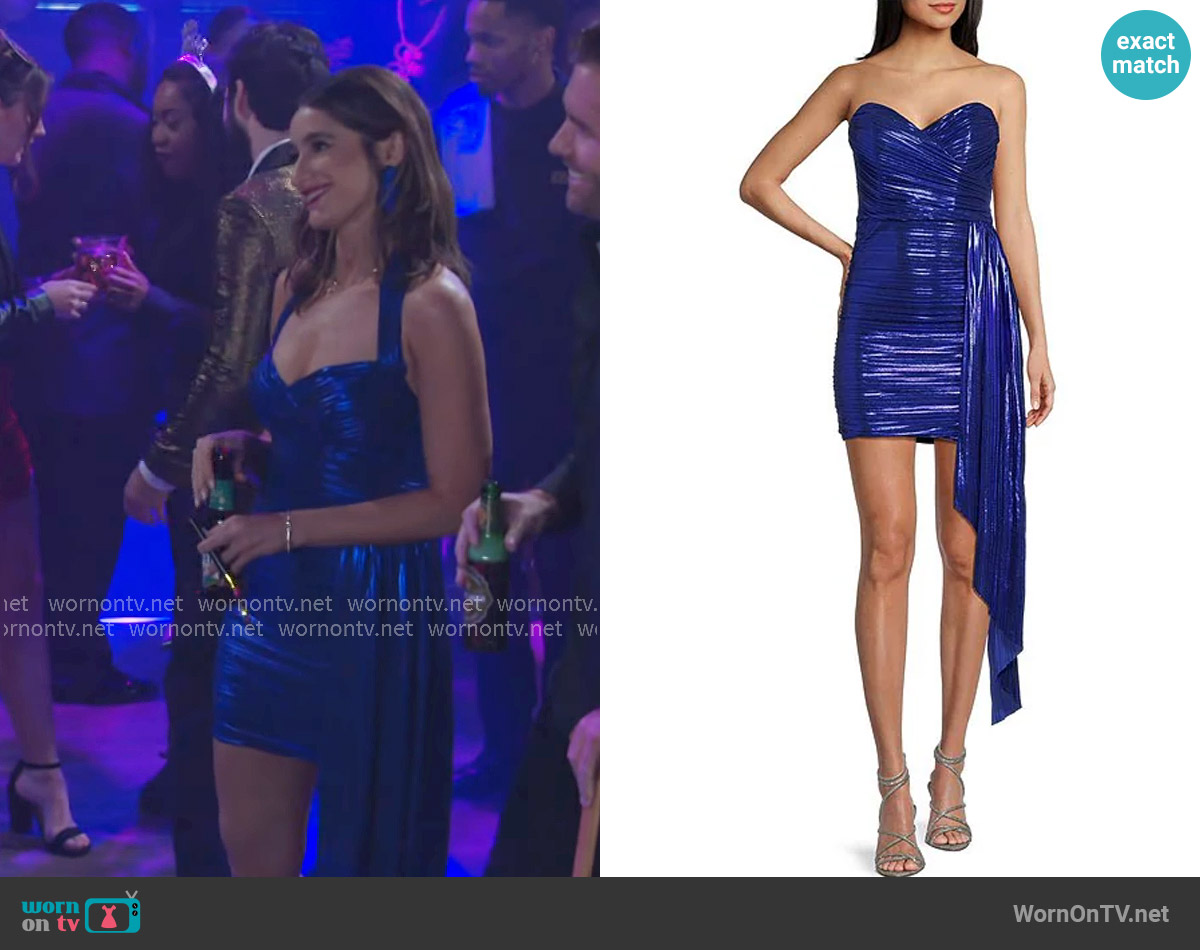 City Vibe Strapless Pleated Foil Tail Party Dress worn by Ashley Morgan (Jen Jacob) on Beyond the Gates