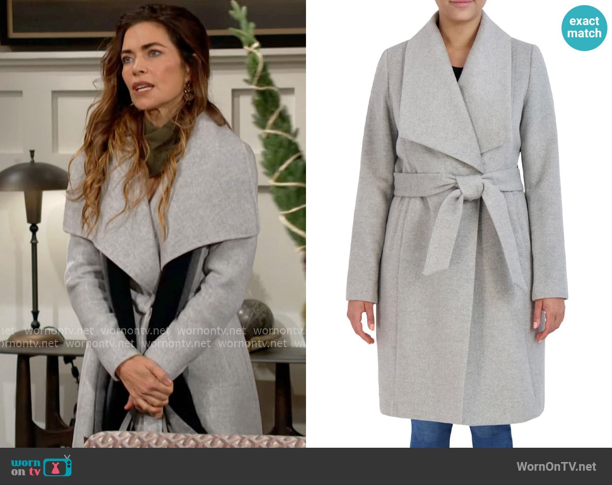 Cole Haan Slick Wool Blend Wrap Coat worn by Victoria Newman (Amelia Heinle) on The Young and the Restless